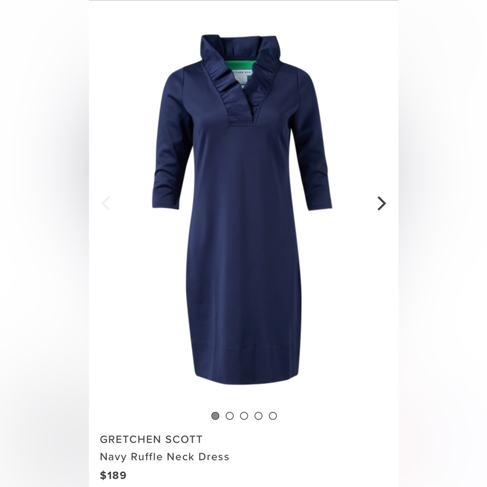 NWOT Gretchen Scott Navy Ruffle Neck Dress Size L Ruff Neck